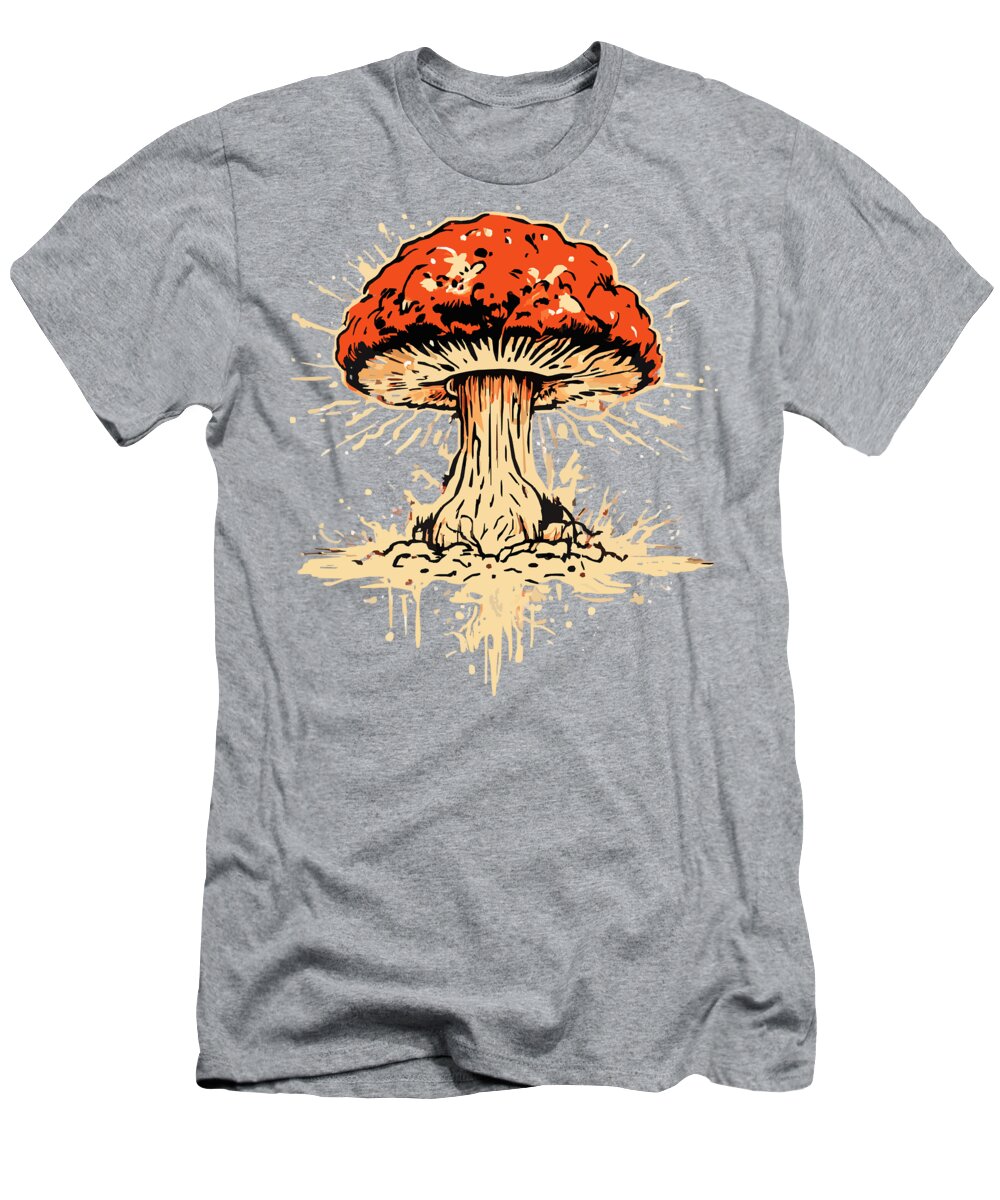 Heather gray T-shirt with orange and beige mushroom graphic on the front