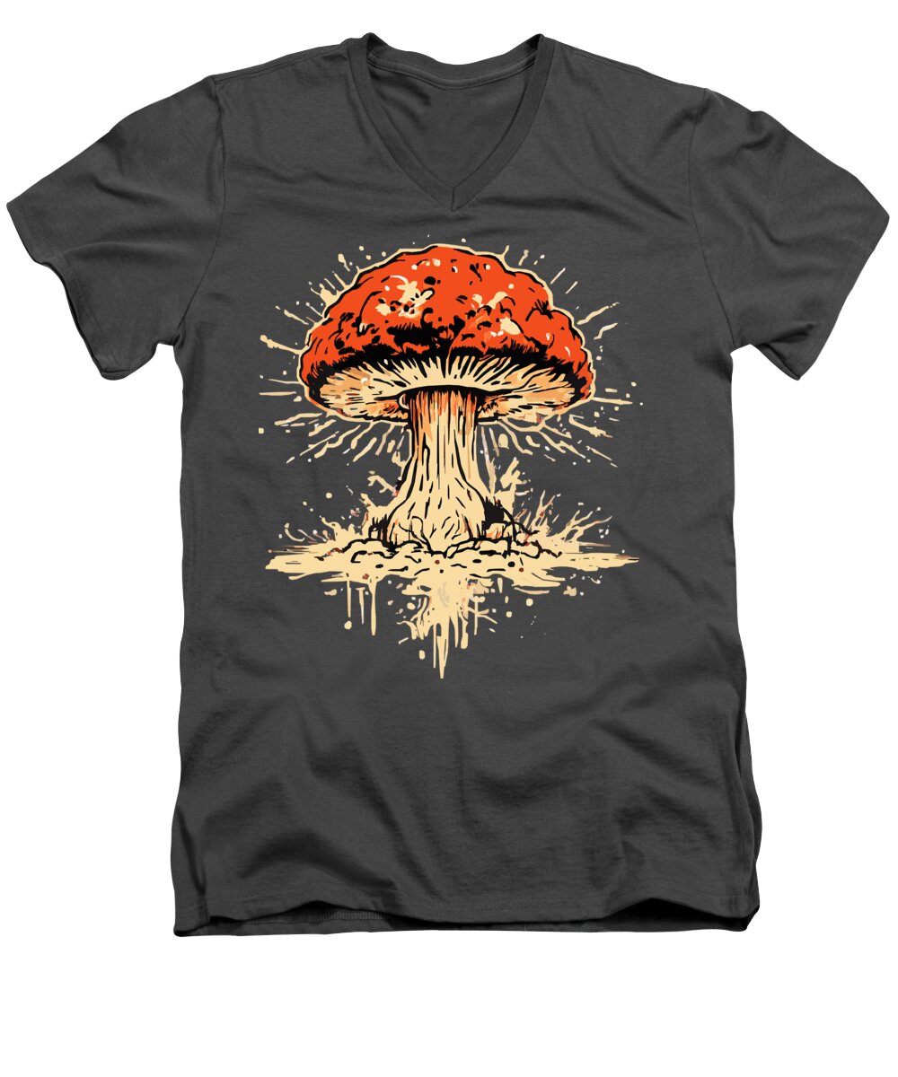 Men's V-neck t-shirt in dark charcoal with orange-red mushroom front graphic.