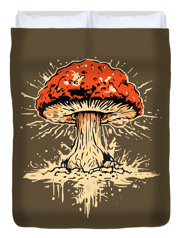 Brown duvet cover with full mushroom scene, orange cap over pale stem and drip details