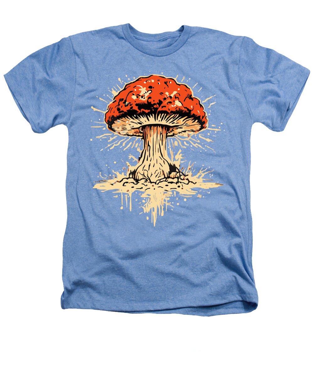 Light blue heather t-shirt with orange mushroom graphic and splatter front print