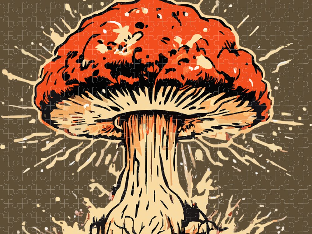 Explosive mushroom puzzle artwork: orange cap over cream gills and striped stem, splatter background.