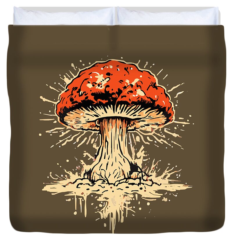Brown duvet cover with centered orange-red mushroom graphic and beige splatter design