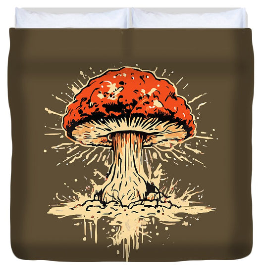 Brown duvet cover with centered orange-red mushroom graphic and beige splatter design