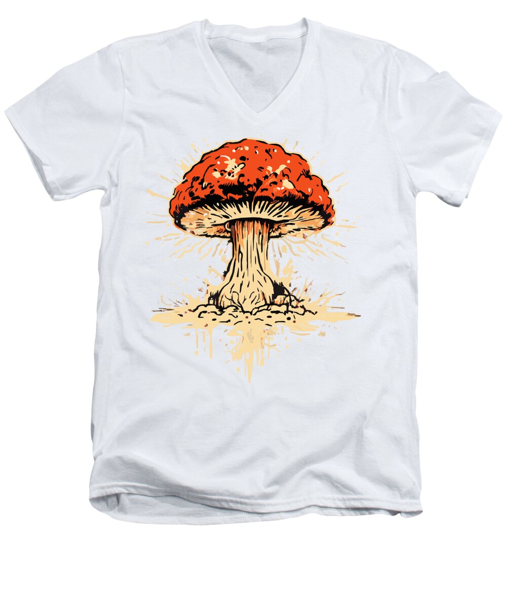 Men's V-neck t-shirt in white with orange-red mushroom front graphic.