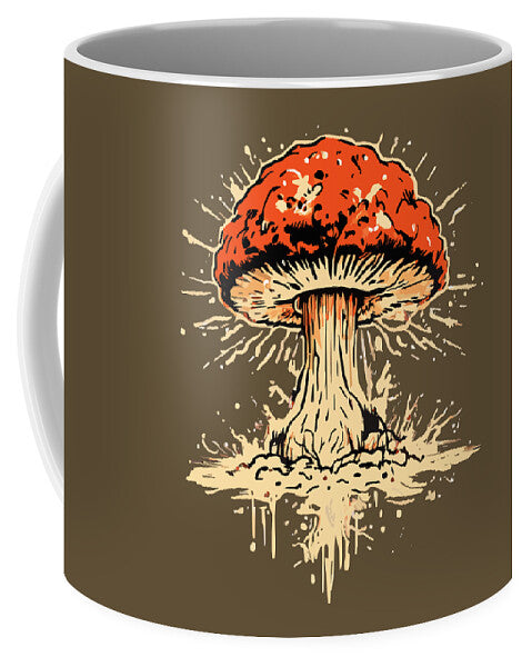 Dark brown mug with fiery red exploding mushroom graphic