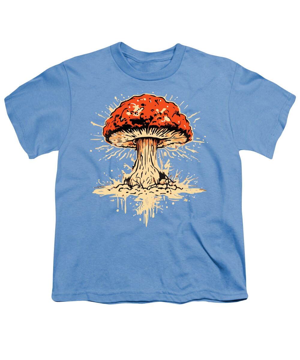 Light blue youth T-shirt with explosive mushroom graphic in orange and beige.