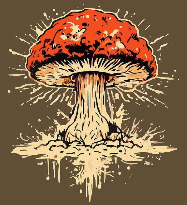 Mushroom art print with orange cap, black spots, and dripping ink effect