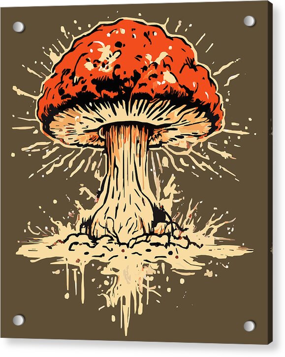 Acrylic print of exploding mushroom with cream spores and metal mounting posts