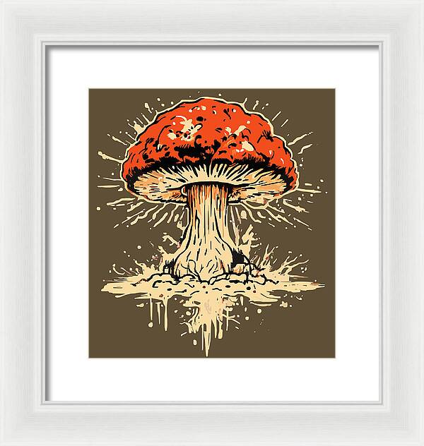 White framed print featuring a red mushroom exploding with cream-colored spatter