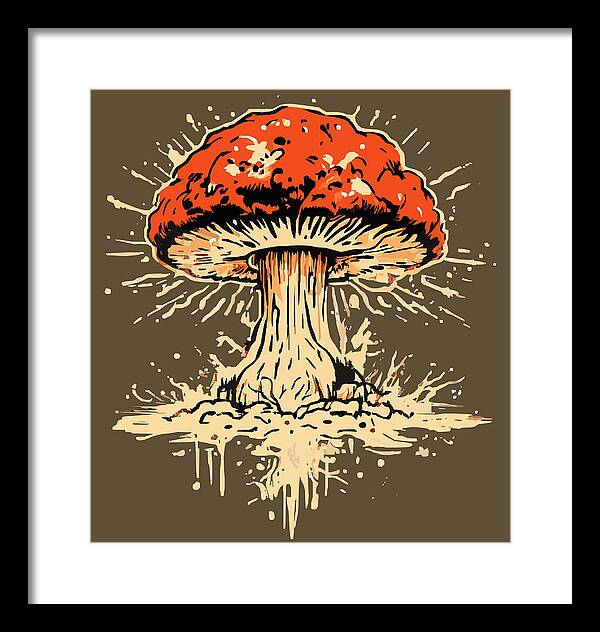 Framed mushroom artwork with red cap and beige stem, in black frame with white mat.