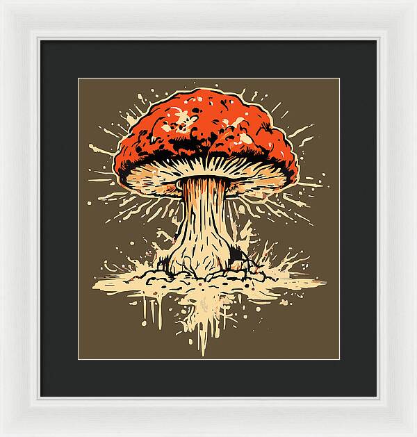 Framed mushroom artwork with red cap and beige stem, in white frame with black mat.