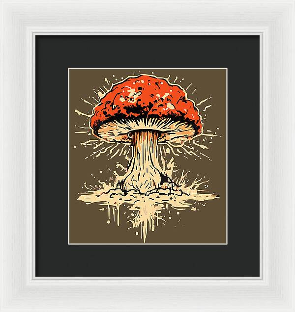 White and black framed print featuring a red mushroom bursting with cream-colored spatter