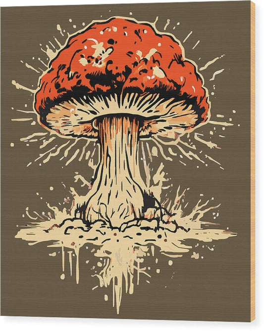 Mushroom wood print with orange-red cap, white spore burst, and dark brown background
