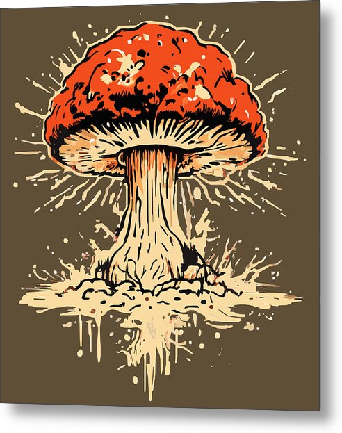 Metal print with orange-red mushroom illustration, cream roots, splatter on dark background
