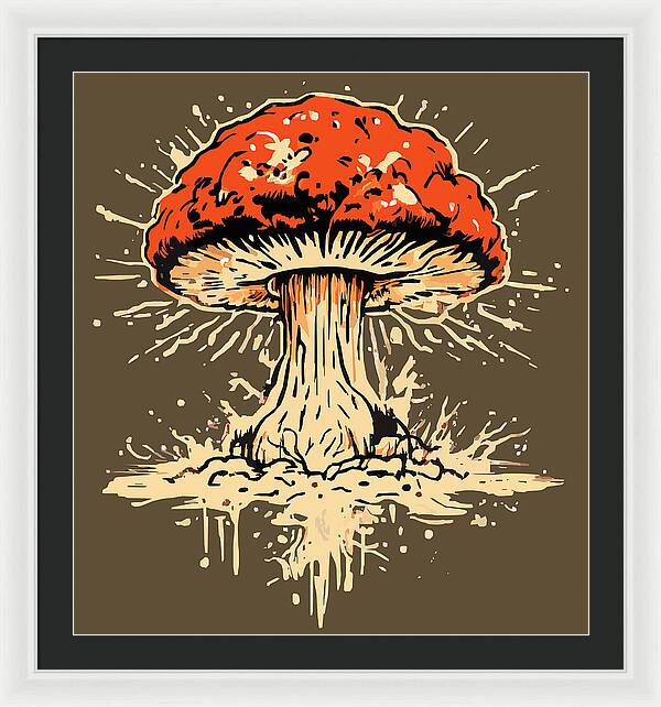 Framed print of a red mushroom with white burst lines and dripping details, white frame and black mat