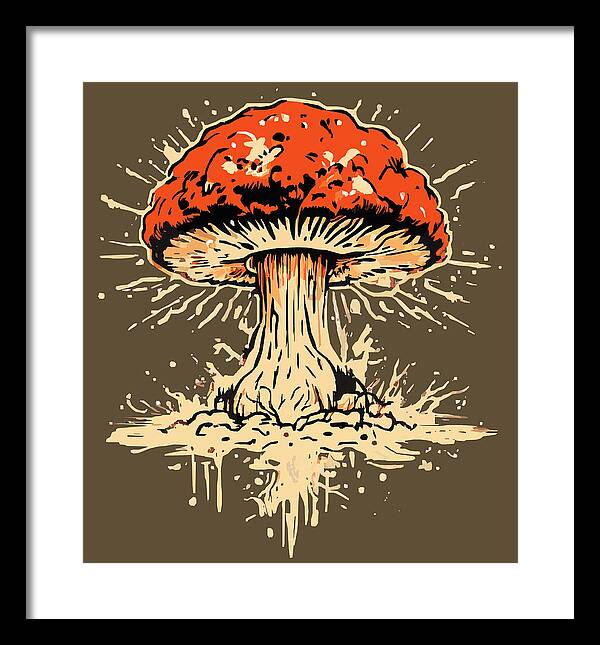 Framed mushroom artwork with red cap and beige stem, in black frame with white background.