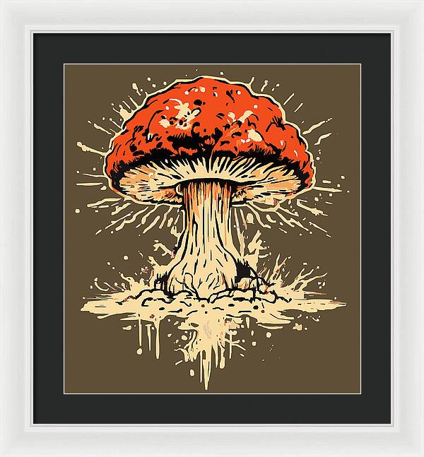 Framed print of an orange exploding mushroom with white spatter, dark frame