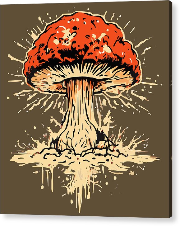 Acrylic print of orange and red exploding mushroom with cream spore splash