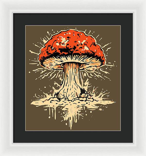 Framed mushroom artwork with red cap and beige stem, in white frame with black mat.