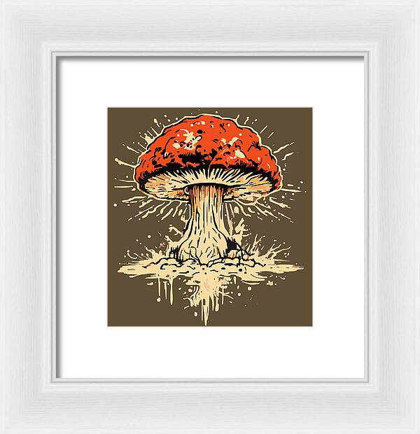 White framed print featuring a red mushroom exploding with cream-colored spatter