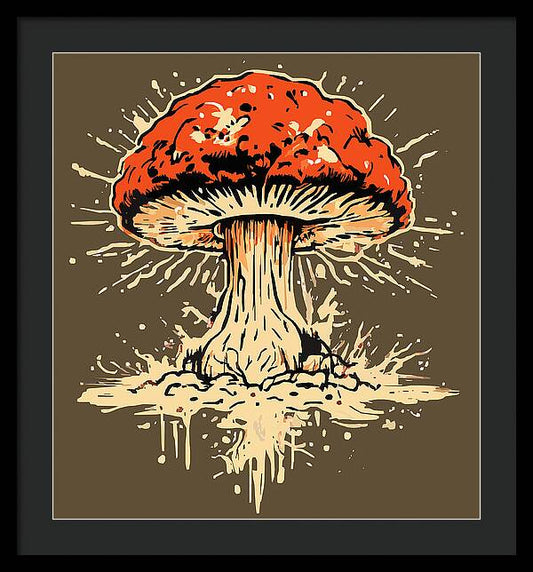 Framed print of a red mushroom with white burst lines and dripping details, black frame