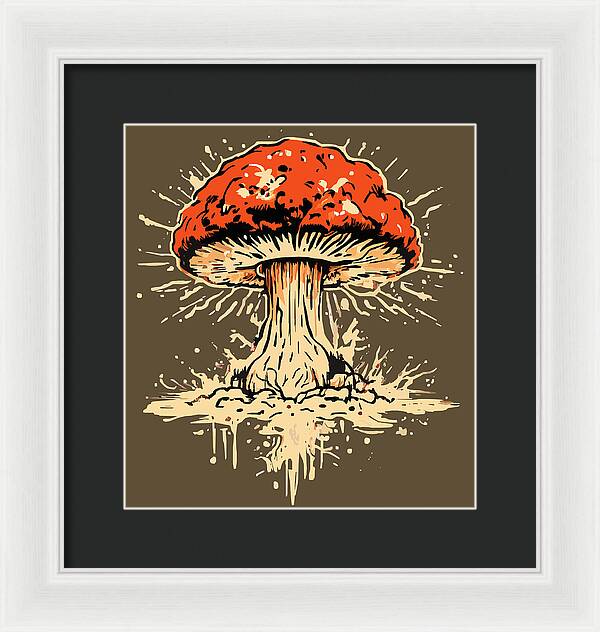 Framed mushroom artwork with red cap and beige stem, in white frame with black mat.