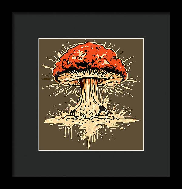 Black framed print featuring a red mushroom exploding with cream-colored spatter