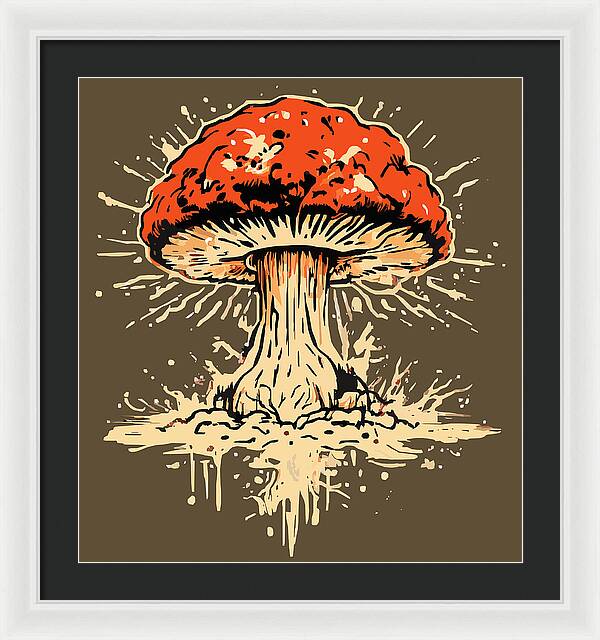 Framed print of a red mushroom with white burst lines and dripping details, white frame and black mat