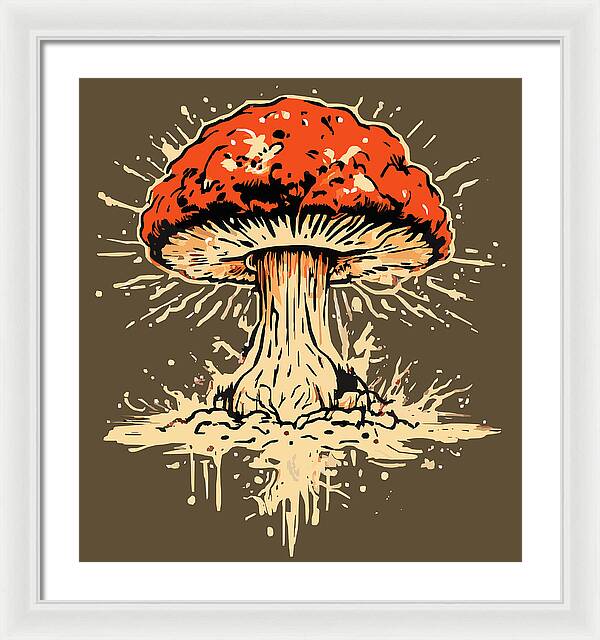 Framed print of a red mushroom with white burst lines and dripping details, white frame