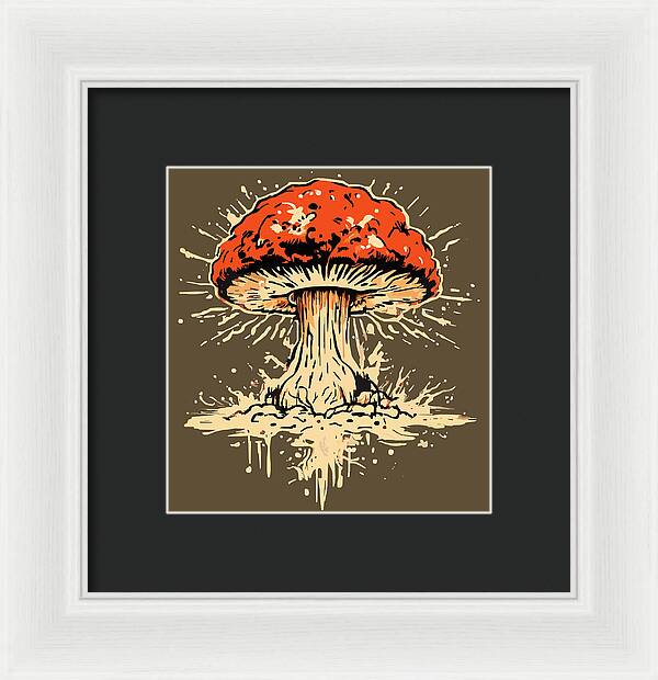 White and black framed print featuring a red mushroom exploding with cream-colored spatter