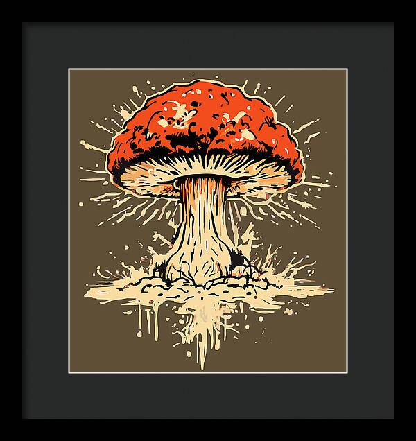 Black framed print featuring a red mushroom exploding with cream-colored spatter