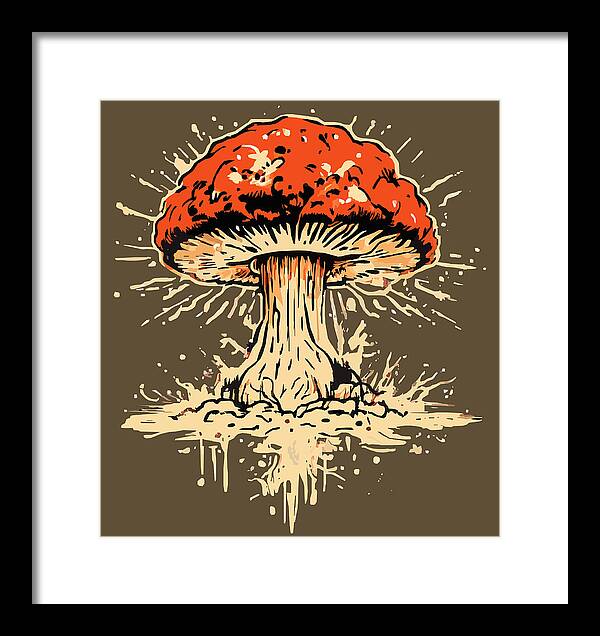 Black framed print featuring a red mushroom exploding with cream-colored spatter