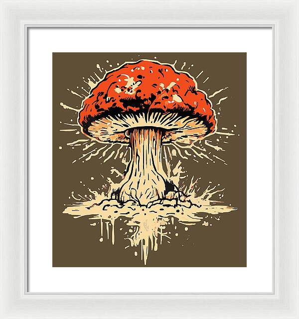 Framed mushroom artwork with red cap and beige stem, in white frame with white mat.