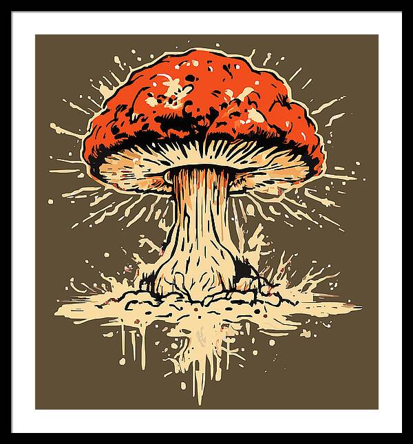 Framed print of a red mushroom with white burst lines and dripping details, white inner border