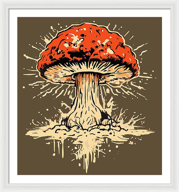 Framed print of a red mushroom with white burst lines and dripping details, white frame