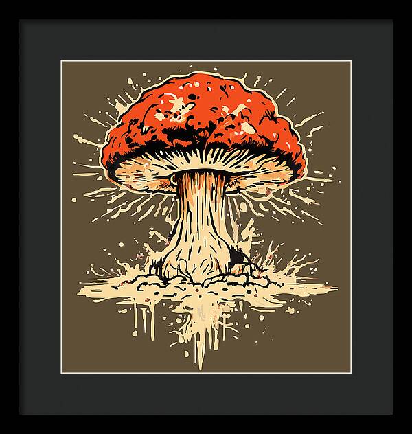 Framed mushroom artwork with red cap and beige stem, in black frame with dark mat.