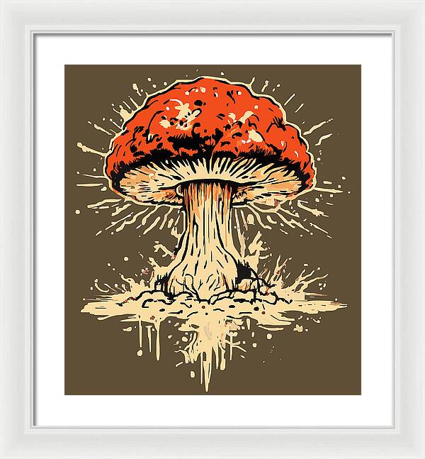 Framed print of an orange exploding mushroom with white spatter, white frame