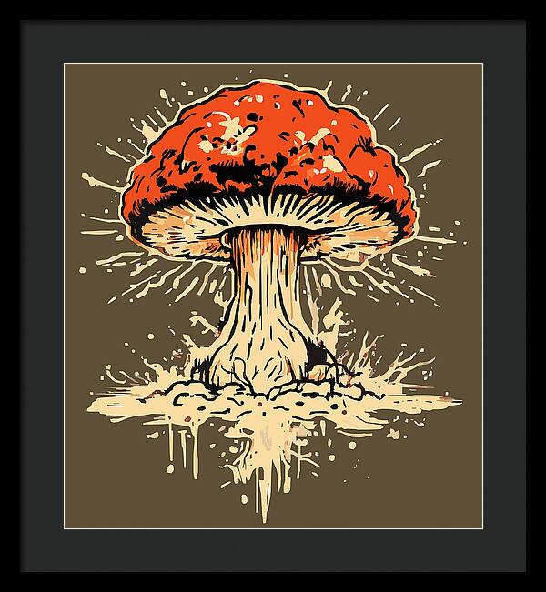 Framed print of an orange exploding mushroom with white spatter, black frame