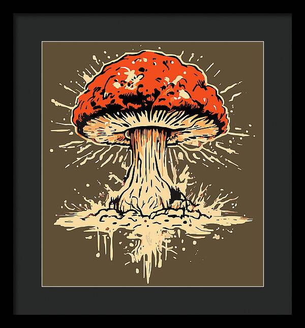 Framed mushroom artwork with red cap and beige stem, in black frame with dark mat.