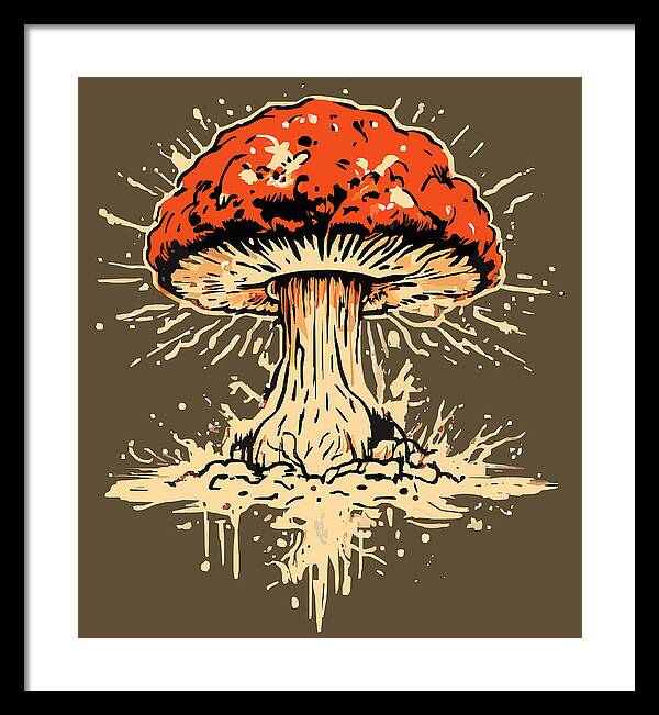 Framed mushroom artwork with red cap and beige stem, in black frame with white mat.