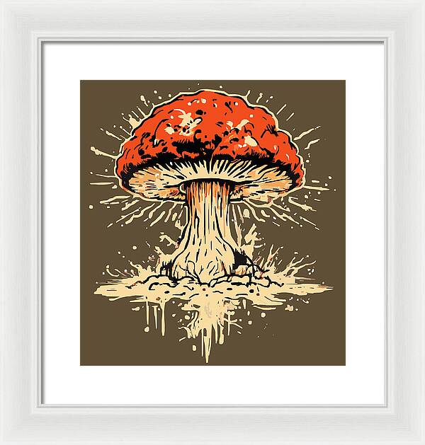 Framed mushroom artwork with red cap and beige stem, in white frame with white mat.