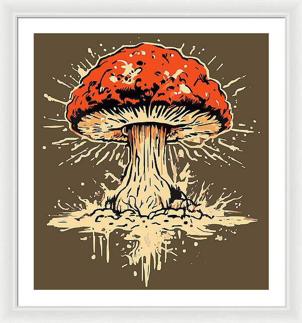 Framed print of a red mushroom with white burst lines and dripping details, white frame