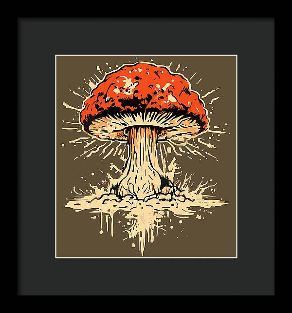Black framed print featuring a red mushroom exploding with cream-colored spatter