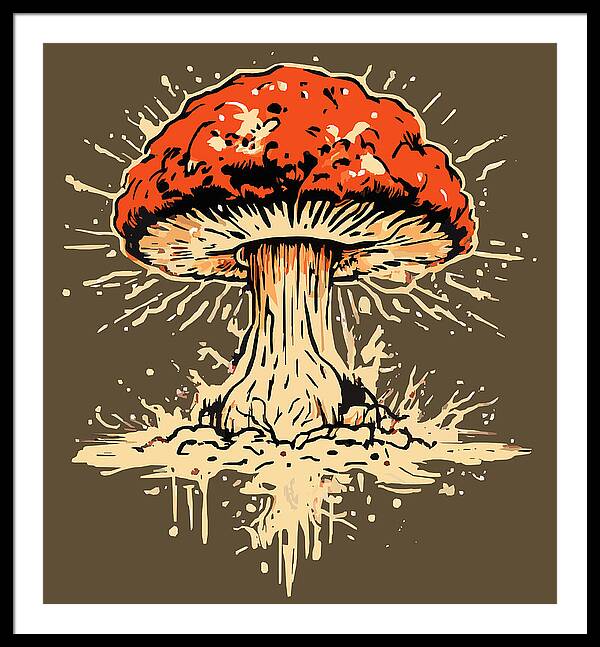 Framed print of a red mushroom with white burst lines and dripping details, black outer border