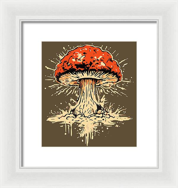 White framed print featuring a red mushroom bursting with cream-colored spatter