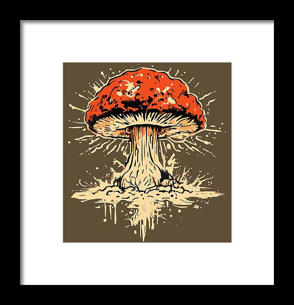 Framed print of a red mushroom with white burst lines and dripping details, black frame