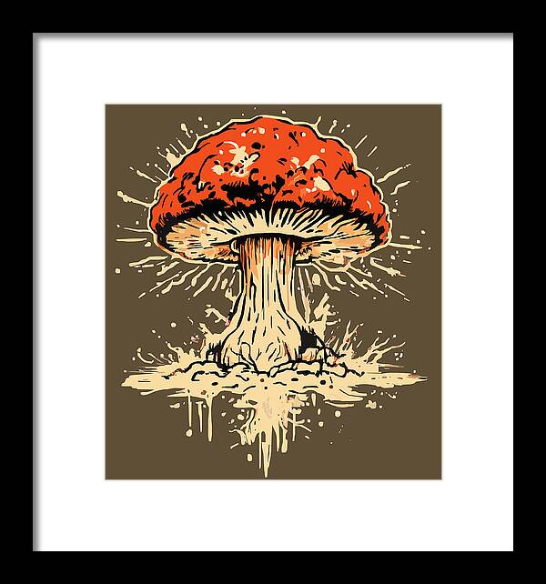 White framed print featuring a red mushroom exploding with cream-colored spatter