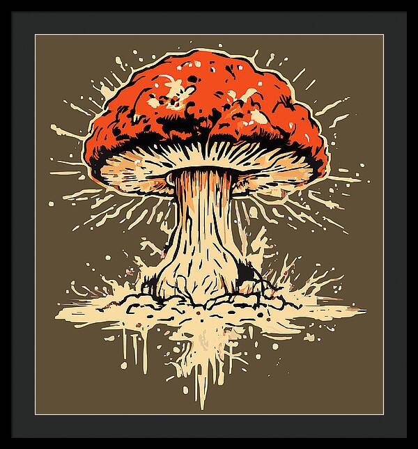 Framed print of a red mushroom with white burst lines and dripping details, black frame