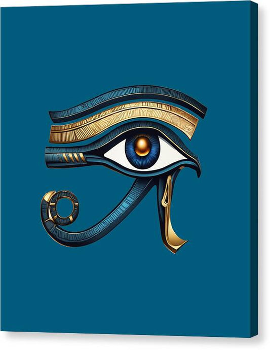 Ancient eye symbol canvas print with blue eye, gold detailing, and stylized profile