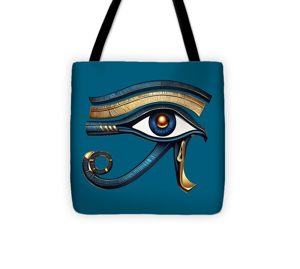 Blue tote bag with detailed Eye of Horus symbol, gold and blue accents